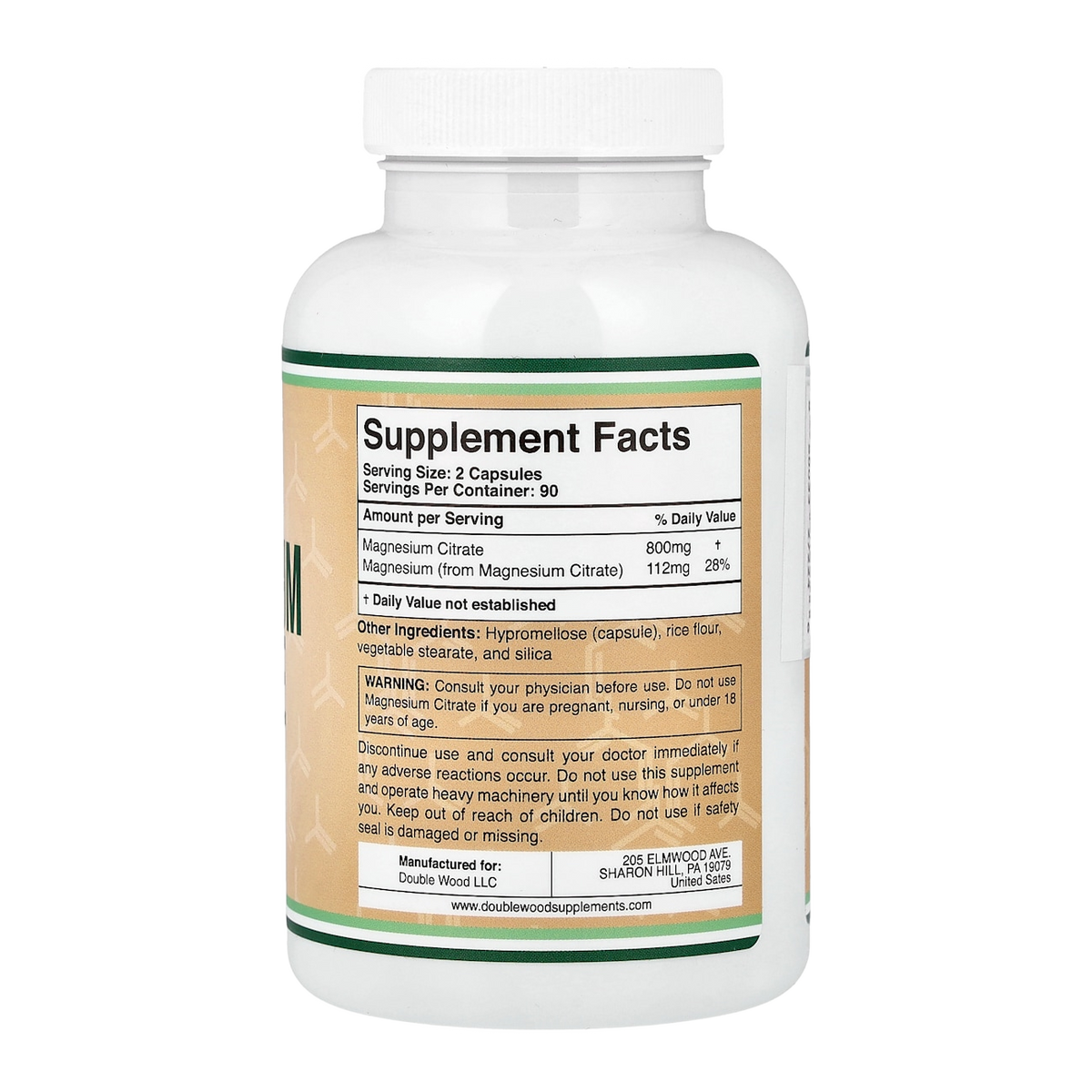 Double Wood Supplements Magnesium Citrate – 800mg, 180 Capsules supplement facts