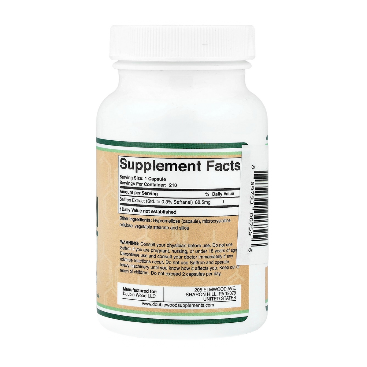 Double Wood Supplements Saffron – 88.5mg, 210 Capsules supplement facts