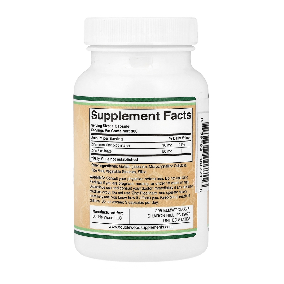 Double Wood Supplements Zinc Picolinate – 50mg, 300 Capsules supplement facts