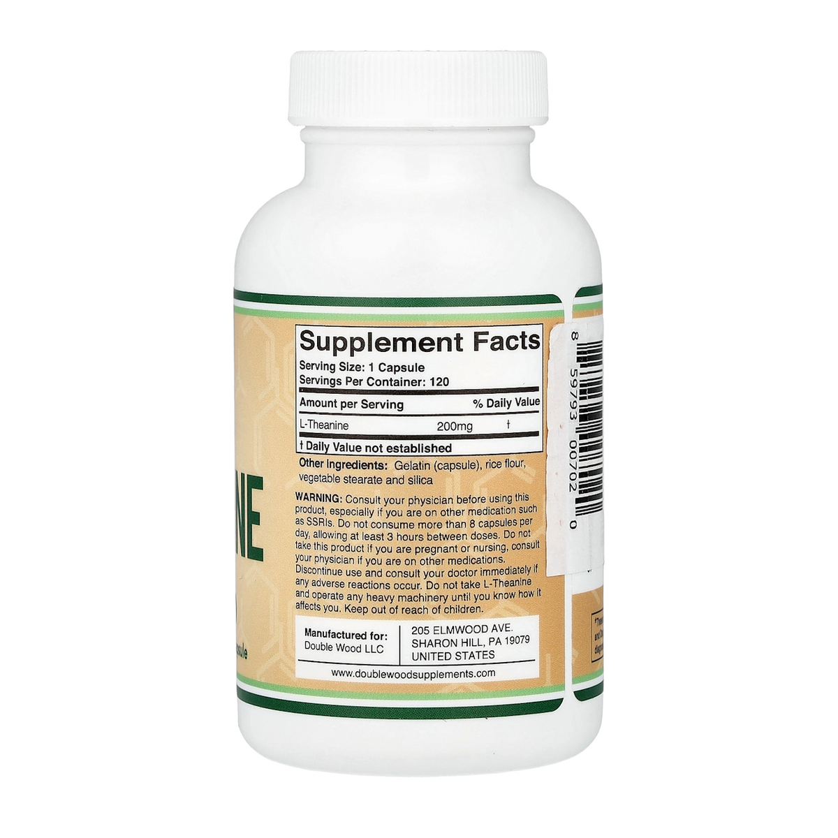 Double Wood Supplements L-Theanine – 200mg, 120 Capsules supplement facts