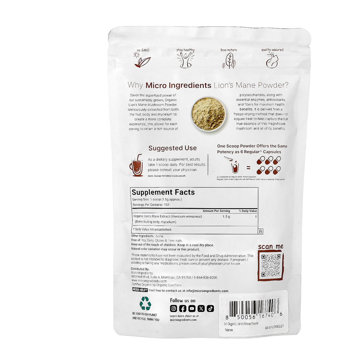 MicroIngredients Lion's Mane Powder – 1500mg, 302 Servings supplement facts