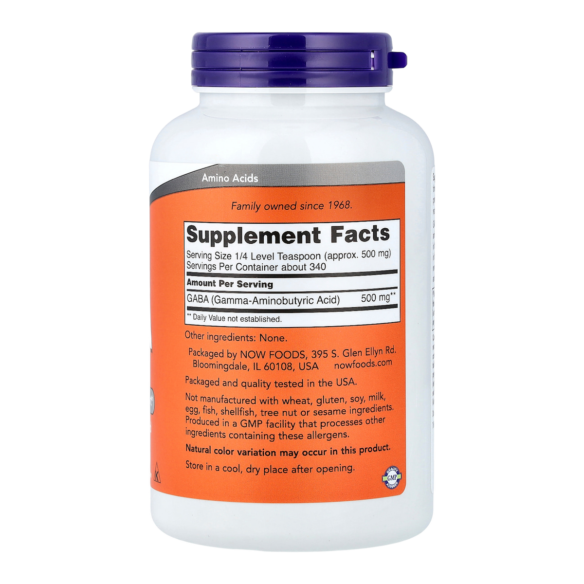 NOW Foods GABA Powder – 500mg, 340 Servings supplement facts