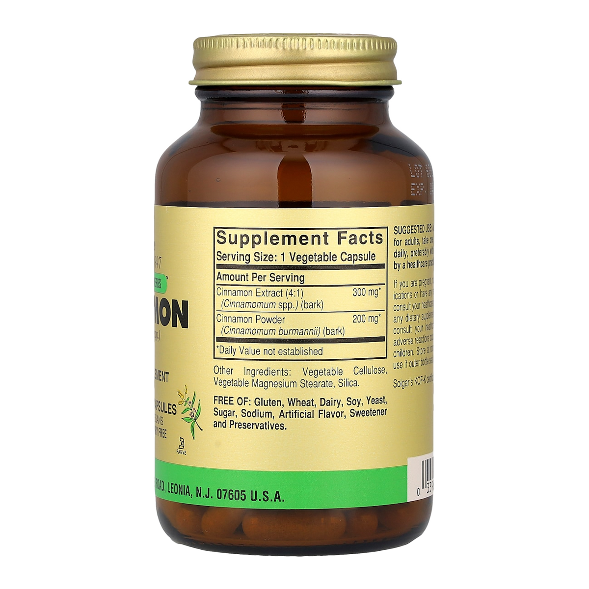 Solgar Cinnamon – 100 Capsules supplement facts