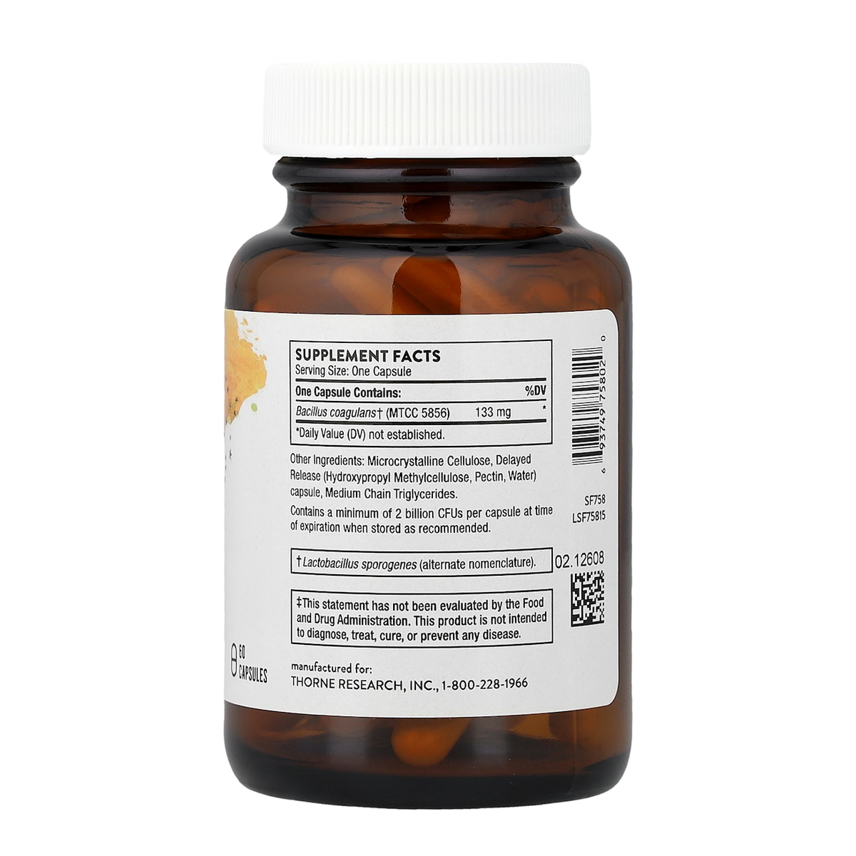 Thorne Bacillus Coagulans – 2B, 60 Capsules supplement facts