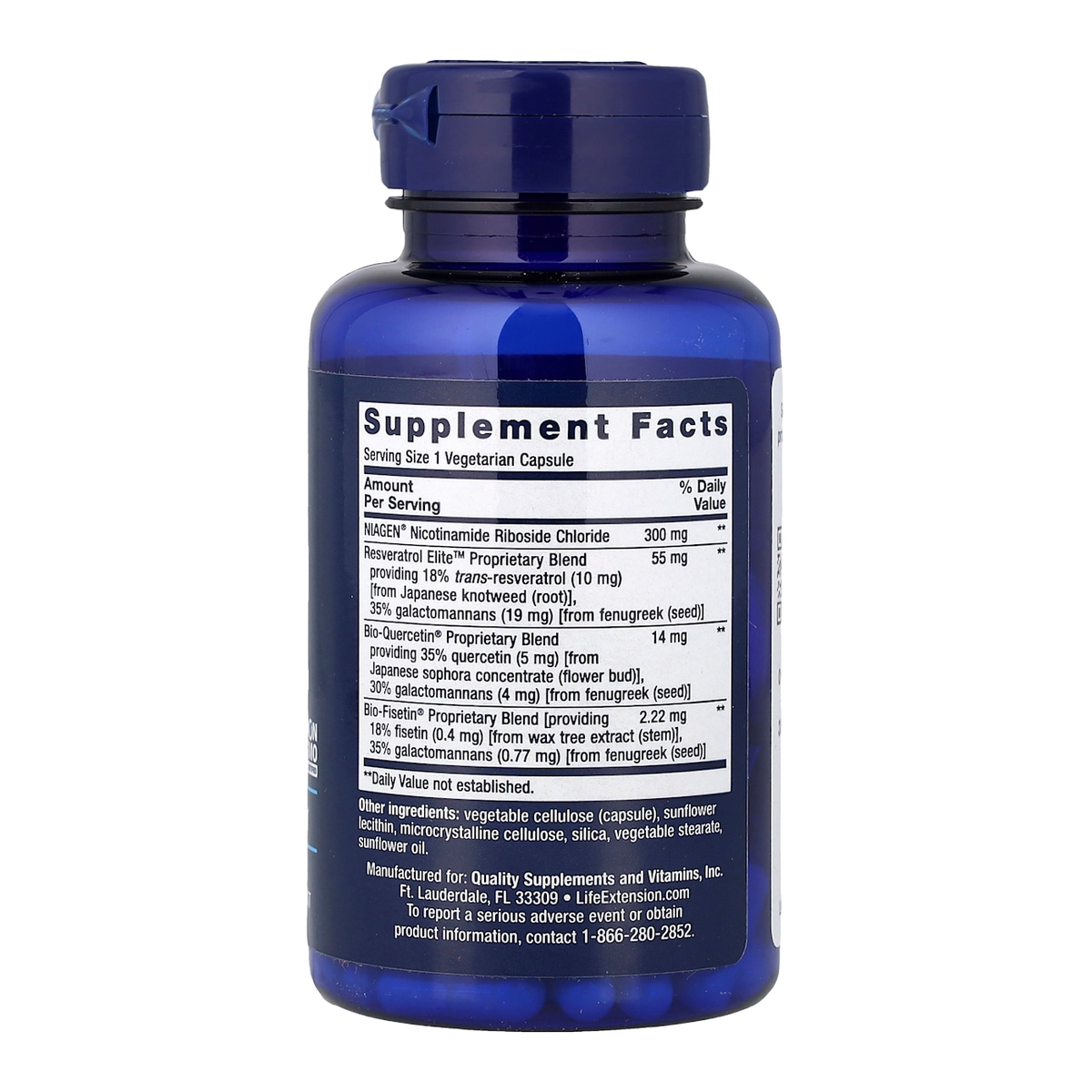 Life Extension NAD+ & Resveratrol – 30 Capsules supplement facts