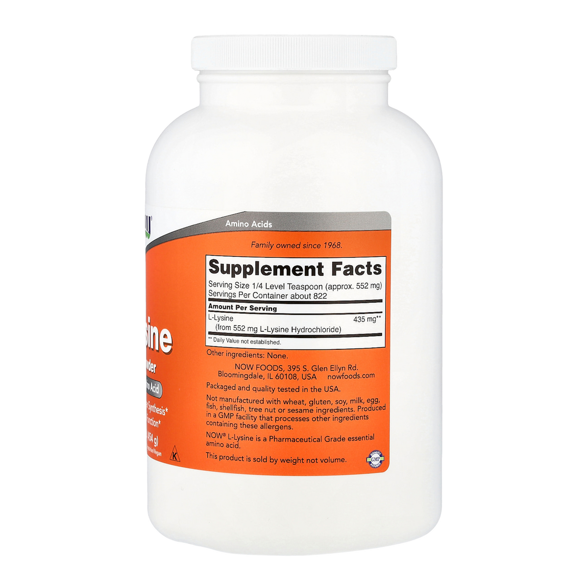 NOW Foods L-Lysine Powder – 435mg, 822 Servings supplement facts