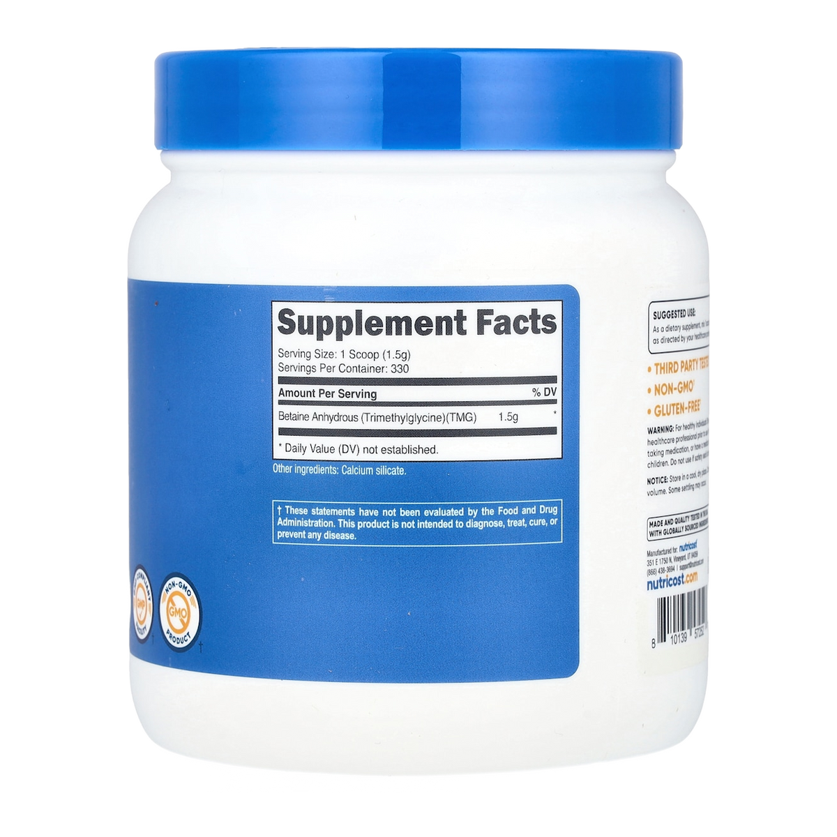 Nutricost Betaine Powder – 1000mg, 500 Servings supplement facts