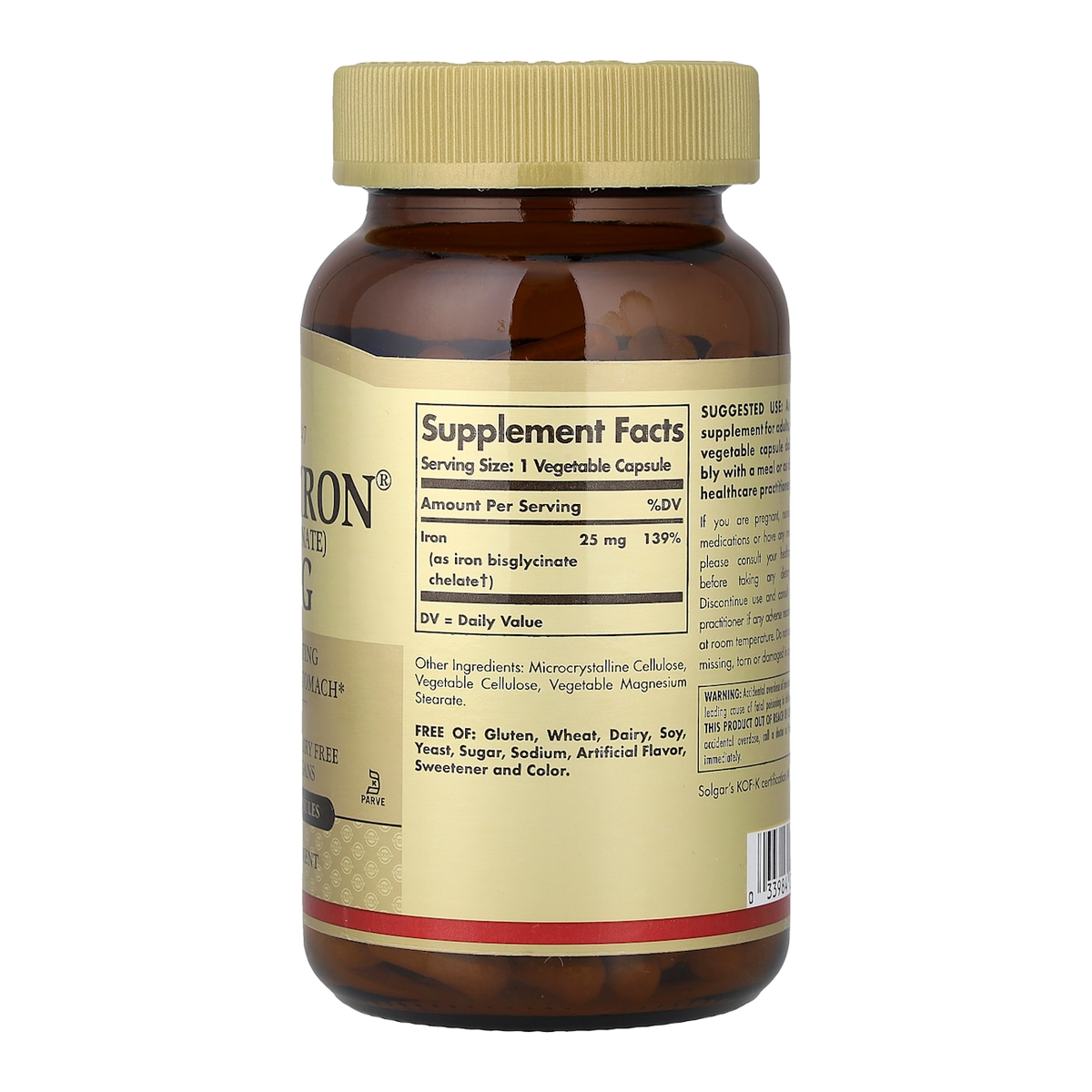 Solgar Gentle Iron Bisglycinate – 25mg, 180 Capsules supplement facts