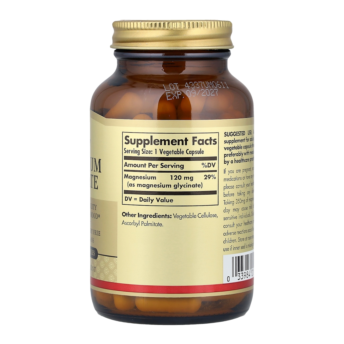 Solgar Magnesium Glycinate – 120mg, 90 Capsules supplement facts