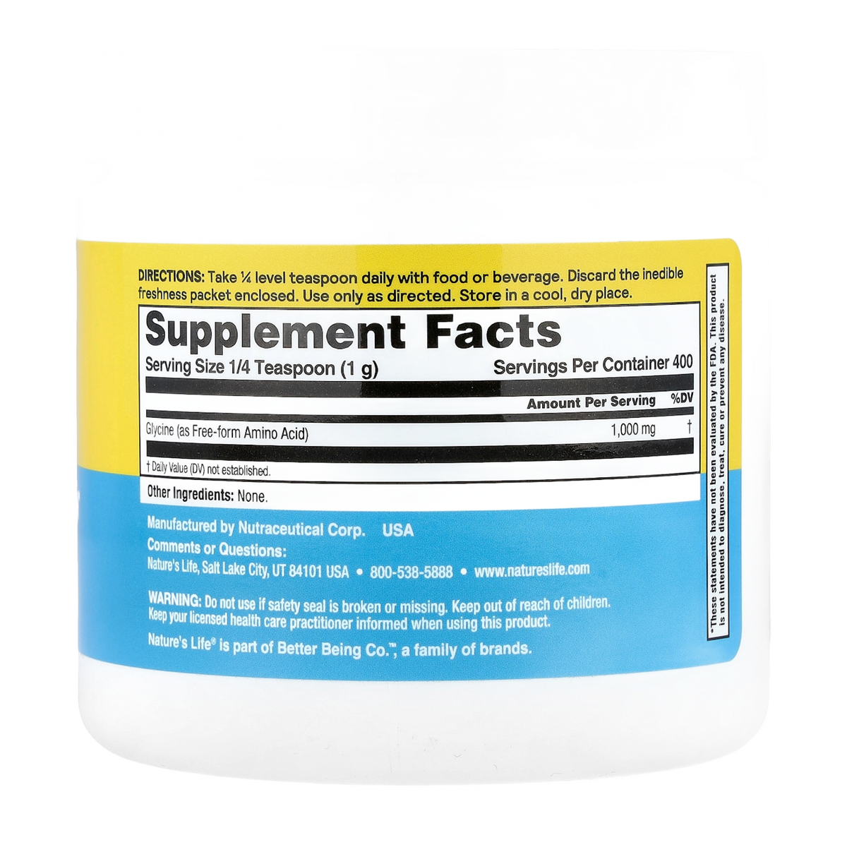 Nature's Life Glycine Powder – 1000mg, 400 Servings supplement facts