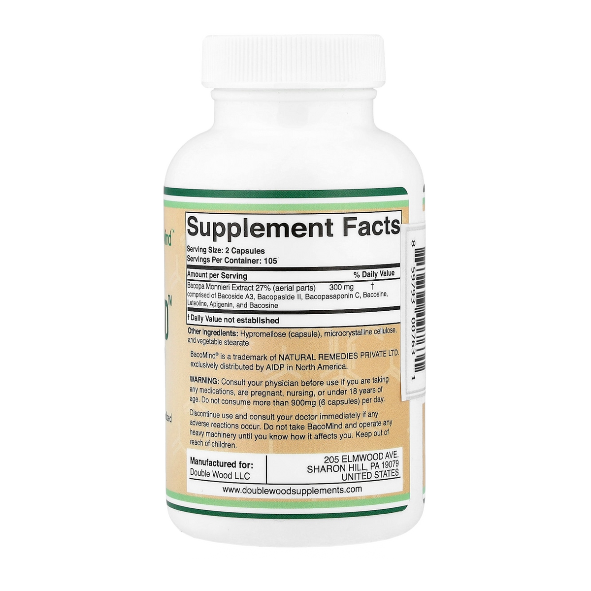 Double Wood Supplements Bacopa Monnieri – 300mg, 210 Capsules supplement facts