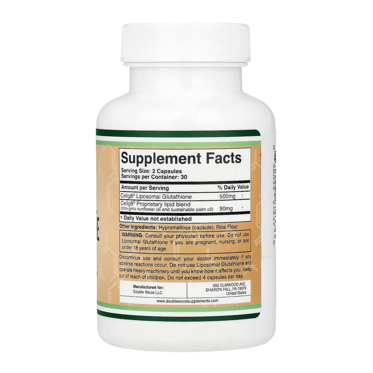 Double Wood Supplements Liposomal Glutathione – 500mg, 60 Capsules supplement facts