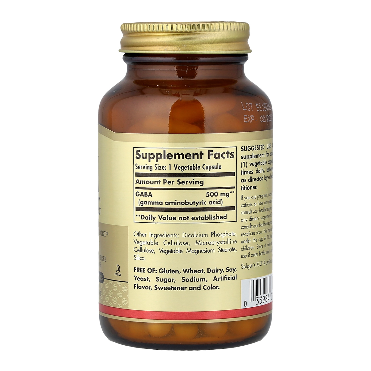 Solgar GABA – 500mg, 100 Capsules supplement facts