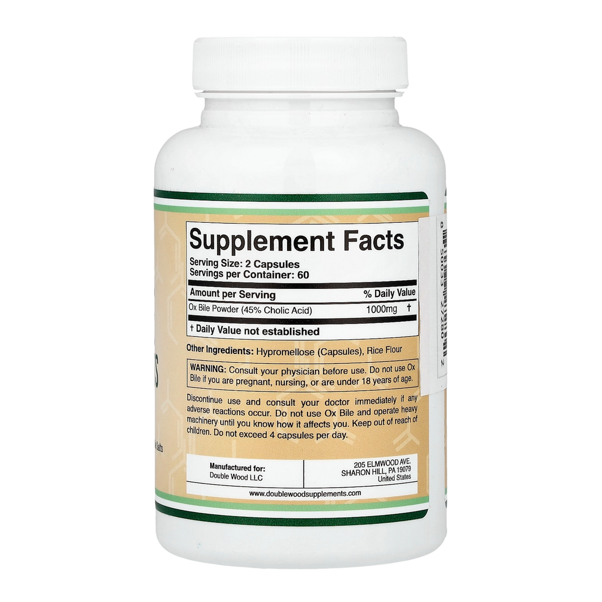 Double Wood Supplements Ox Bile – 1000mg, 120 Capsules supplement facts