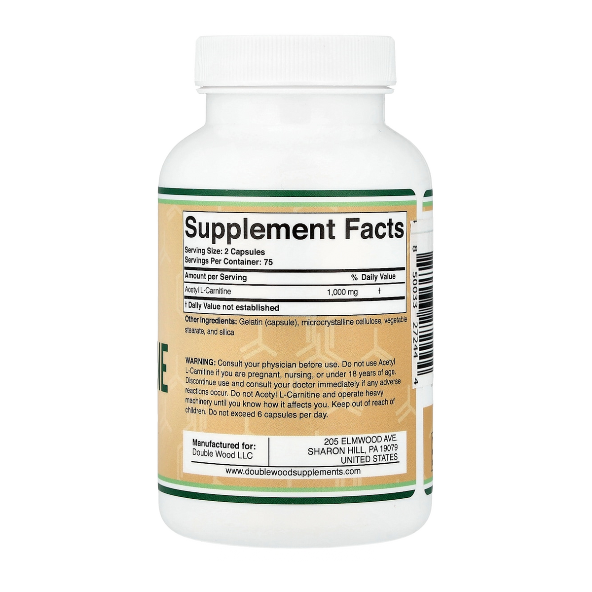 Double Wood Supplements Acetyl L-Carnitine – 1000mg, 150 Capsules supplement facts