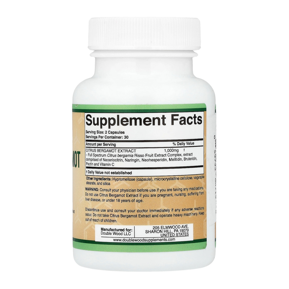 Double Wood Supplements Citrus Bergamot – 1000mg, 60 Capsules supplement facts