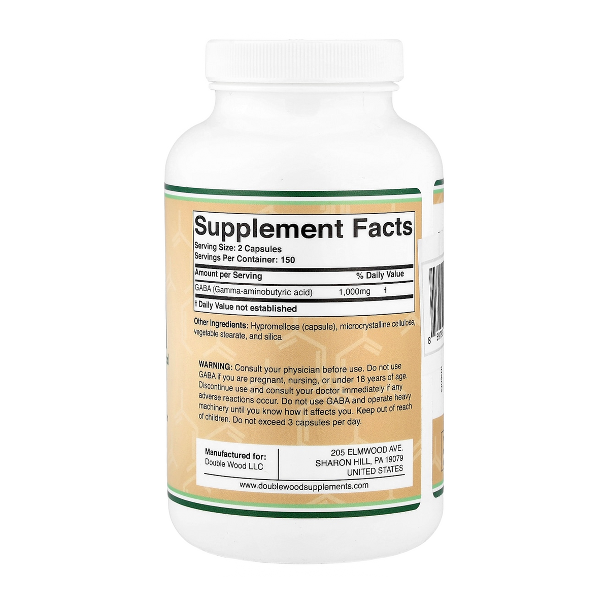 Double Wood Supplements GABA – 1000mg, 300 Capsules supplement facts