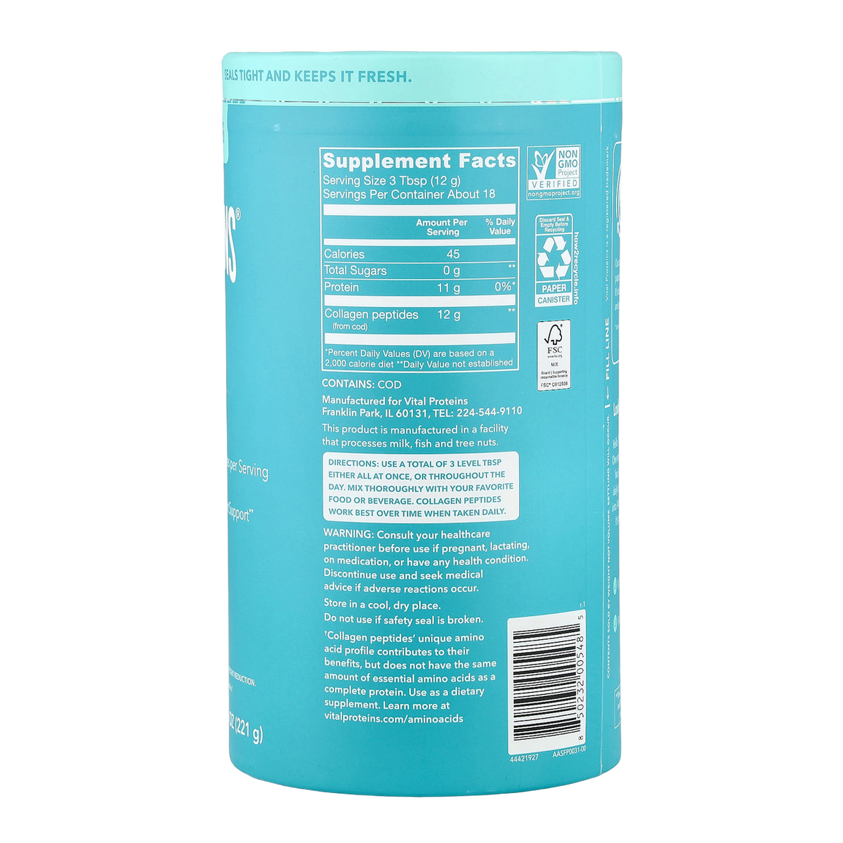 Vital Proteins Marine Collagen Powder – 12g, 18 Servings supplement facts