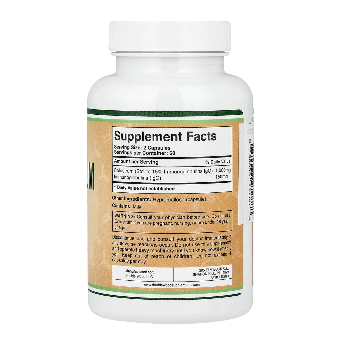 Double Wood Supplements Colostrum – 1000mg, 120 Capsules supplement facts
