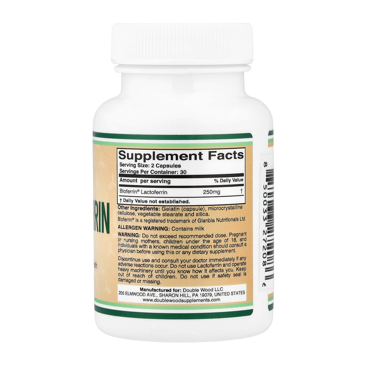 Double Wood Supplements Lactoferrin – 250mg, 60 Capsules supplement facts