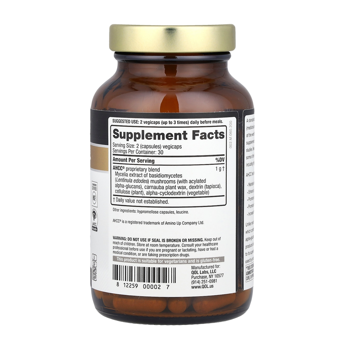Quality Of Life AHCC – 500mg, 60 Capsules supplement facts