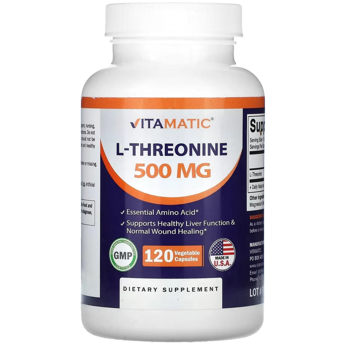 Vitamatic L-Threonine – 500mg, 120 Capsules