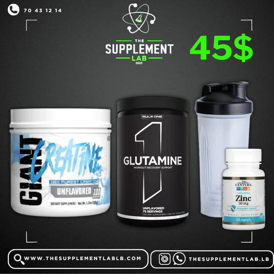 Performance & Recovery Bundle – Creatine 500 g, Glutamine 400 g, Zinc 50 mg with Shaker