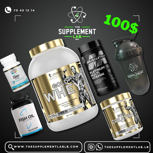 Whey Protein, Creatine, Multivitamin, Fish Oil, Zinc & Shaker