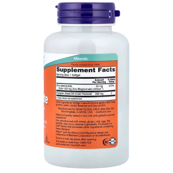 NOW Foods Zinc Glycinate – 120 Softgels | Immune, Skin & Antioxidant Support